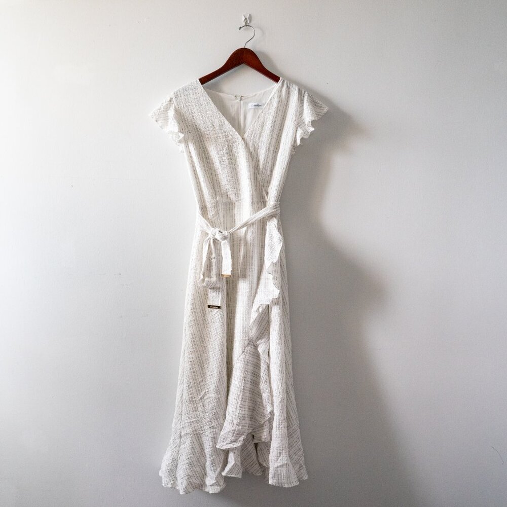 CALVIN KLEIN Women's White Pinstripe Textured Ruffle Faux-Wrap Midi Dress